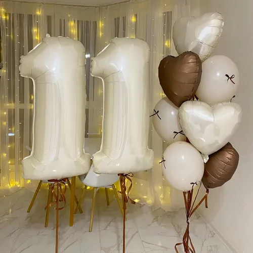 Vista 5 de Decoración de Globos Número 10 de 40 Pulgadas, Globos de Corazón Neutro de Papel de Aluminio Crema Retro Albaricoque Marrón con Globo de Helio