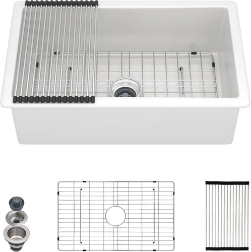 Vista 17 de Fregadero de barra blanco de 24"x18" para montaje bajo encimera - Arcilla refractaria de porcelana cerámica de alto brillo, montaje dual, un seno
