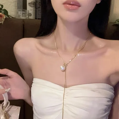 Vista 3 de Pearl Lariat Neckalce Dainty Y Shape Necklace for Women Pearl Chain Necklace for Teen Girls Gift (Gold)