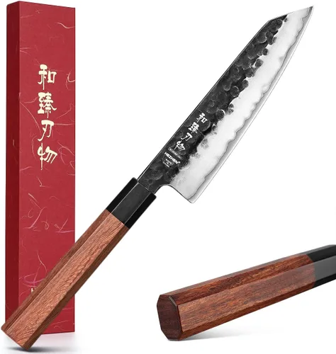 Vista 20 de Juego de cuchillos de cocina 4 piezas, cuchillo de chef de acero revestido Nakiri forjado Santoku, mango octogonal de madera