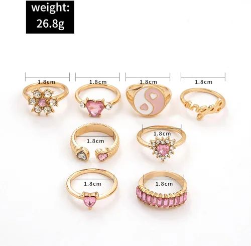 Vista 7 de Roe Dolph 8Pcs Pink Rings for Women Stackable Rings Set Boho Knuckle Rings Gold Stacking Rings Set Heart Yin-Yang Crystal Rings
