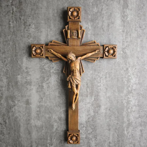 Vista 4 de Crucifijo católico BC de pared, decoración del hogar de Jesucristo, aspecto tallado en madera, 12 pulgadas de alto, pintado a mano por Buildclassic