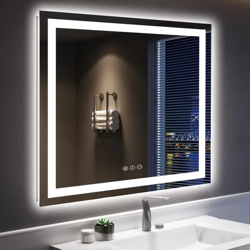 Vista 32 de Espejo de baño LED de 24x30 pulgadas con luces, espejo de tocador frontal y retroiluminado para pared de baño con 3 colores, regulable