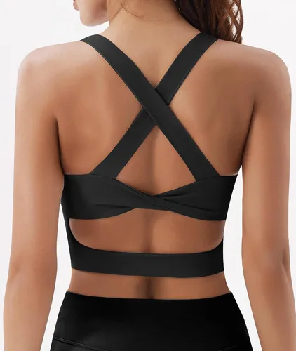 Vista 2 de Sujetadores deportivos acolchados para mujer Conjuntos de camiseta de entrenamiento de yoga atlética con cuello cuadrado de tiras (paquete de 3)