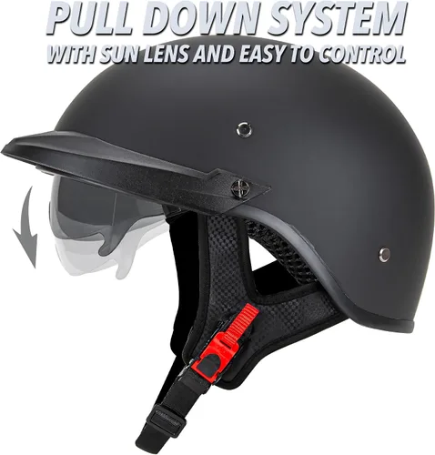 Vista 3 de Cartman Casco abierto para motocicleta con visera solar hebilla de liberación rápida, negro mate, aprobado por DOT