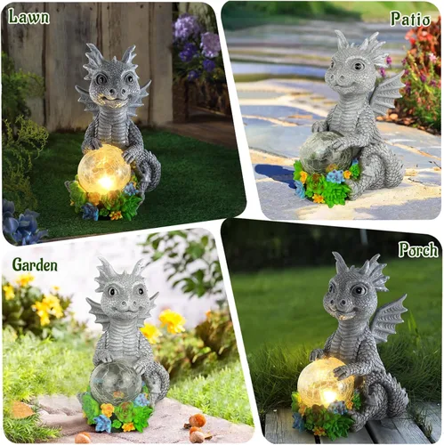 Vista 3 de Estatuas solares de jardín al aire libre, dragón sosteniendo orbe mágico con luces LED solares, decoración de césped al aire libre para patio