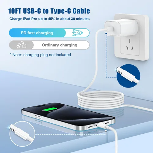 Vista 2 de Cable de carga rápida USB C a C, paquete de 3 [3 pies + 6 pies + 10 pies] cable de carga tipo C a C largo para Apple iPhone 17 Pro Max/17 Pro/16