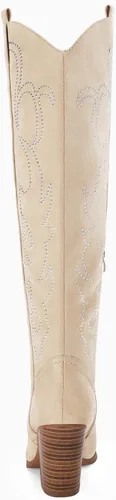 Vista 8 de Botas vaqueras para mujer, hasta la rodilla, botas vaqueras bordadas con punta puntiaguda y tacón grueso, botas vaqueras para otoño, invierno