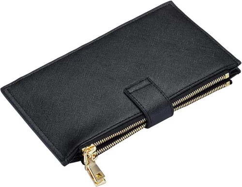 Vista 9 de Travelambo Billetera para mujer con bloqueo RFID plegable para múltiples tarjetas con bolsillo con cremallera, Negro -, Minimalista