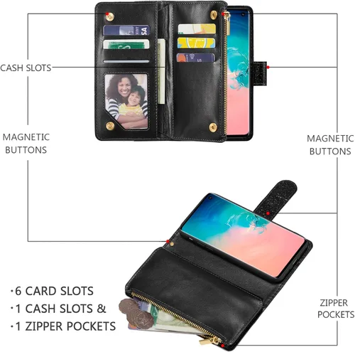 Vista 3 de UEEBAI Funda tipo cartera para Samsung Galaxy S10 Plus, Cartera de piel sintética con cierre magnético, funda de bolsillo con cremallera, ranuras