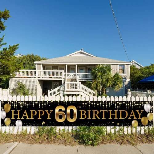 Vista 6 de Cartel decorativo de 60 cumpleaños para patio, decoración de feliz cumpleaños 60 para hombres y mujeres, cartel de fiesta de cumpleaños negro dorado