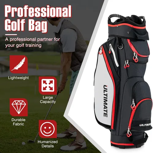 Vista 9 de GYMAX Bolsa de golf, bolsa de carrito de golf con divisor de 14 vías con capucha de lluvia y bolsa enfriadora, bolsa de golf impermeable para Negro