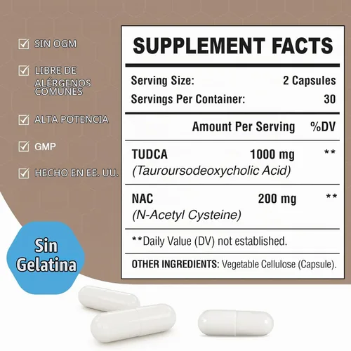 Vista 6 de TUDCA con suplemento NAC 1200mg - 60 cápsulas, 1 paquete