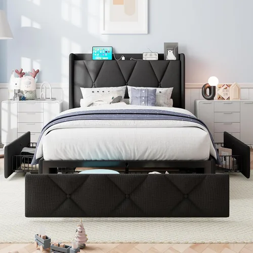 Vista 11 de iPormis - Marco de cama de tamaño matrimonial con 4 cajones de almacenamiento, base de cama tapizada con estación de carga, cabecera de Beige