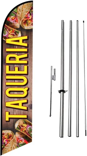 Vista 23 de Fresh Birria - Letrero de plumas publicitarias para restaurante mexicano con kit de poste de 15 pies y estaca para el suelo, tema negro/rojo/blanco