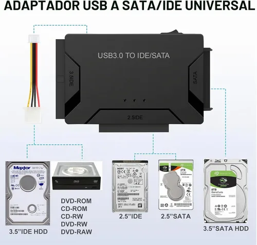 Vista 4 de Adaptador USB 3.0 a IDE SATA lector de disco duro para disco duro HDD/SSD de 2.5/3.5, cable de convección externa de ultra recuperación incluye