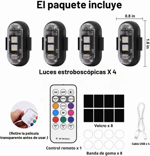 Vista 8 de 4 piezas de luces estroboscópicas LED inalámbricas con control remoto, 8 colores, carga USB, impermeables, luces de advertencia de emergencia