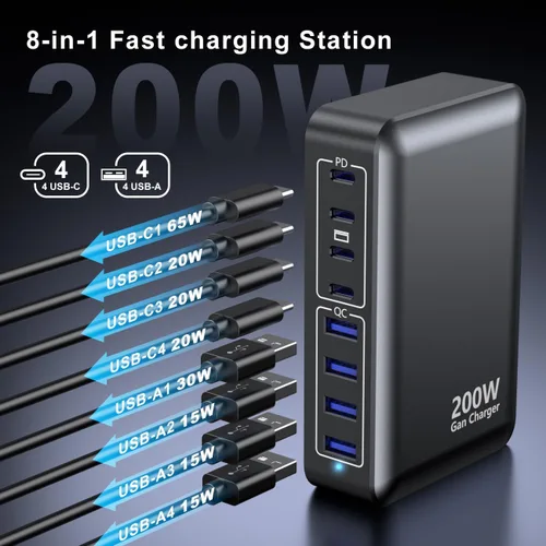 Vista 2 de Cargador USB C de 200 W, estación de carga rápida Gan de 8 puertos, adaptador de carga para laptop PD de 65 W compatible con MacBook Pro/Air, DELL