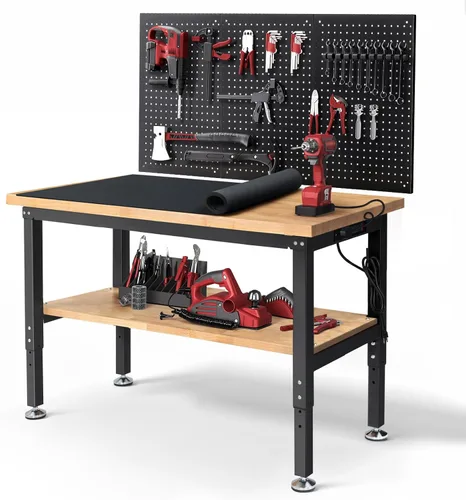Vista 10 de ENJOYWOOD Mesa de trabajo para garaje de 60 pulgadas Banco de trabajo con almacenamiento Altura ajustable Tablero de madera de goma Banco de trabajo