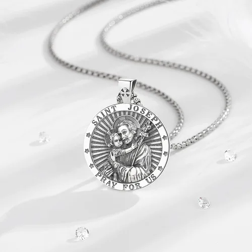 Vista 9 de Vito Collar con colgante de plata de ley 925, San Miguel, San Cristóbal, San Juda, sello de siete arcángeles, Virgen María milagrosa, crucifijo