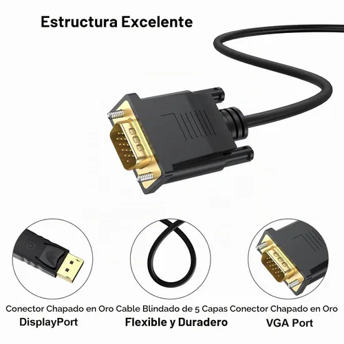 Vista 7 de Paquete de 2 cables DisplayPort a VGA de 6 pies, cable de video macho a