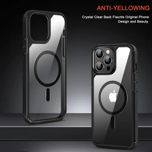 Vista 2 de TENDLIN Funda magnética compatible con iPhone 14 Pro Max [compatible con MagSafe] funda protectora transparente de parte trasera dura suave (negro)
