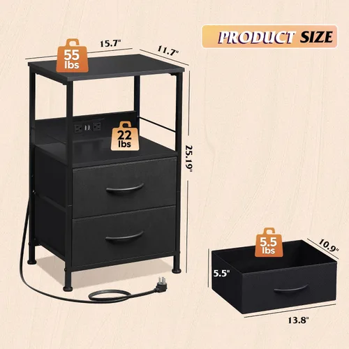 Vista 3 de WLIVE - Mesita de noche LED con estación de carga, mesita de noche negra con 2 cajones de tela y estante de almacenamiento, mesa auxiliar