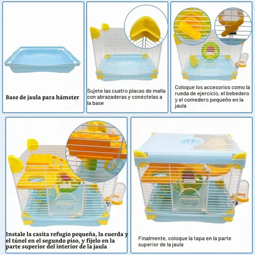 Vista 5 de Hamiledyi Jaula portátil para hámster de 2 niveles, hábitat de hámster enano, jaula de viaje para animales pequeños con rueda de ejercicio, recinto