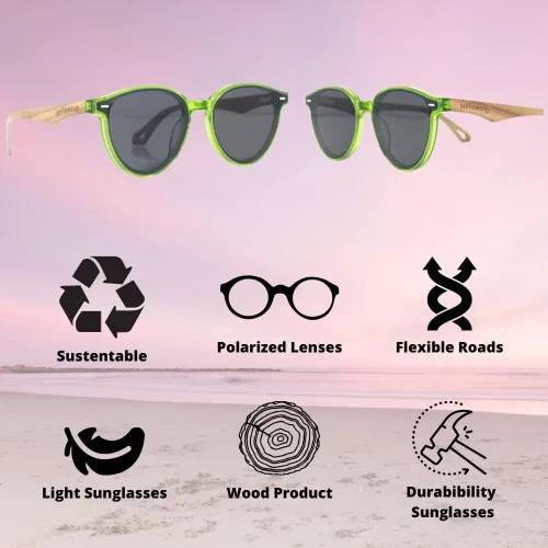 Vista 9 de Gafas de sol transparentes verdes redondas, lentes grises polarizadas, lentes rectas, patillas de madera, ligeras, cómodas y de moda, acabado