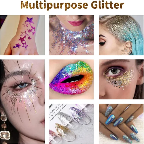 Vista 5 de Brillantina holográfica para manualidades, mezcla gruesa y fina, juego de 40 colores, cosmética para rostro, ojos, cabello, cuerpo, arte de uñas