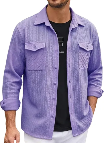 Vista 32 de Camisas con botones para hombre, casual, de manga larga, con cuello jacquard, texturizada, ligera, sobrecamisa, sobrecamisa