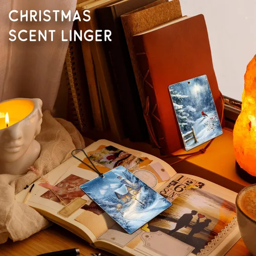 Vista 5 de Ambientador de coche de Navidad, 4 unidades, accesorios de automóvil de muñeco de nieve de Navidad azul para mujeres, ambientador colgante de granja