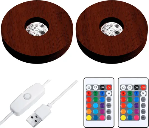 Vista 11 de 2 piezas de base de luz LED de madera, base de exhibición LED para arte de vidrio, cristal, resina acrílica, 16 luces USB de colores con control