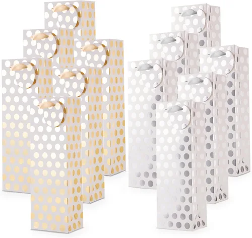 Vista 5 de UNIQOOO 12 bolsas de regalo de vino con lunares metálicos dorados y plateados de alta calidad, con etiqueta de masaje de regalo, papel 100%