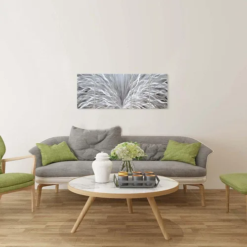 Vista 4 de SYGALLERIER Arte de pared de metal plateado hecho a mano, enorme obra de arte abstracta 3D de aluminio, escultura moderna, imágenes metálicas
