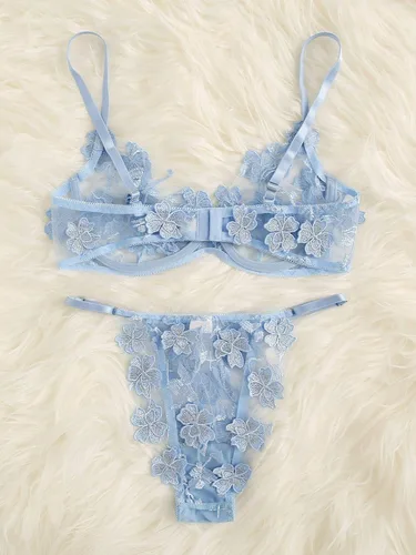 Vista 2 de Floerns Conjunto de lencería sexy con encaje y tanga para mujer