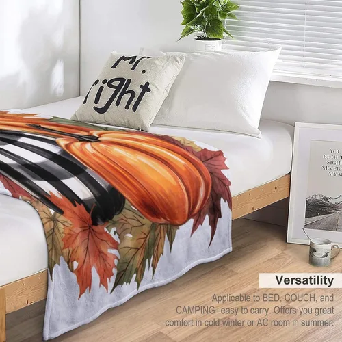 Vista 5 de Manta de lana cuadriculada con diseño de calabaza, hojas de arce, Acción de Gracias, manta de cama para otoño, Acción de Gracias, ligera, súper