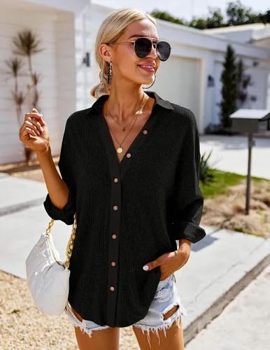 Vista 2 de Hotouch Women Casual Button Down V Neck Blouses Long Sleeve Collared Knitted Tops Ribbed Shirts