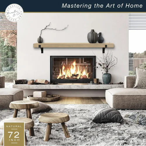 Vista 2 de MCS 183 cm de repisa para chimenea, Master & Co con acabado de grano de madera natural, estante flotante de madera maciza para sala de estar