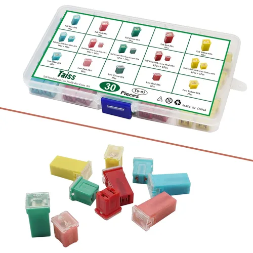 Vista 8 de Taiss - Juego de 30 fusibles en forma de caja, fusibles automotrices de perfil alto/estándar y bajo, fusibles automotrices de 20 A, 30 A, 40 A, 50