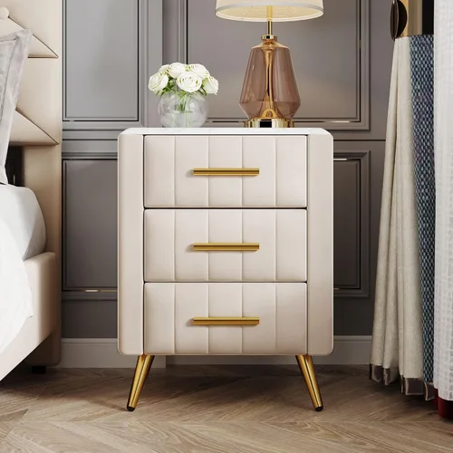 Vista 3 de Mesita de noche de terciopelo SOFTSEA con 3 cajones, mesita de noche tapizada con tapa de mármol sintético, mueble de mesa auxiliar, mesita de noche