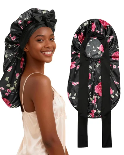Vista 12 de AWAYTR - Gorro de satén para trenzas y cabello largo durmiendo para mujeres Long Satin Sleep Cap With Adjustable Tie Band, Protecting Braids Curly