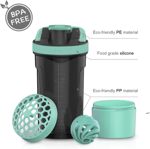 Vista 3 de Artoid Mode Botella Batidora de Proteínas de 24 Onzas, Tecnología de Mezcla Dual, Sin BPA, Verde Aqua/Negro