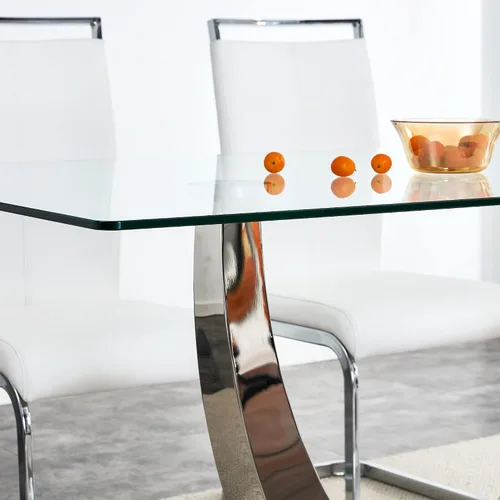 Vista 8 de Mesa de comedor moderna de vidrio de 63 pulgadas para 4-6, mesa de comedor rectangular de vidrio con vidrio templado de 0.39 pulgadas y base
