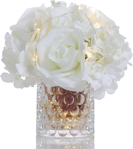 Vista 9 de Arreglo floral de seda de rosas artificiales en jarrón de vidrio con luz LED, elegante centro de mesa para el hogar, boda, baño, mesa, estante