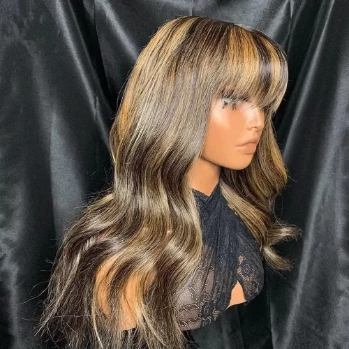 Vista 2 de #1B/27 Pelucas de cabello humano ondulado suelto con flequillo HD transparente encaje frontal pelucas de cabello humano natural Stright densidad