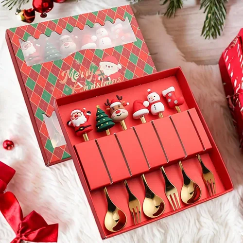 Vista 6 de MagiDeal Juego de 6 cucharas de Navidad, tenedores de acero inoxidable, cucharas de postre de acero inoxidable, cucharas de postre de sopa, cucharas