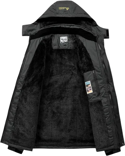 Vista 3 de MANSDOUR Chaqueta de senderismo para hombre, impermeable, cálida, forro polar, para invierno, snowboard, cortavientos, con capucha