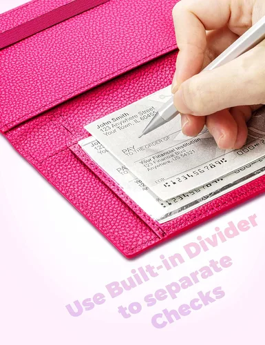 Vista 19 de Yarnic Funda para chequera personal, soporte para chequera con soporte para bolígrafo y divisor de plástico transparente integrado para cheques Rosa