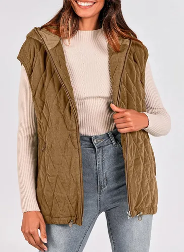 Vista 2 de PRETTYGARDEN Chaleco acolchado de otoño para mujer, casual, sin mangas, con capucha, con cremallera, abrigo de invierno